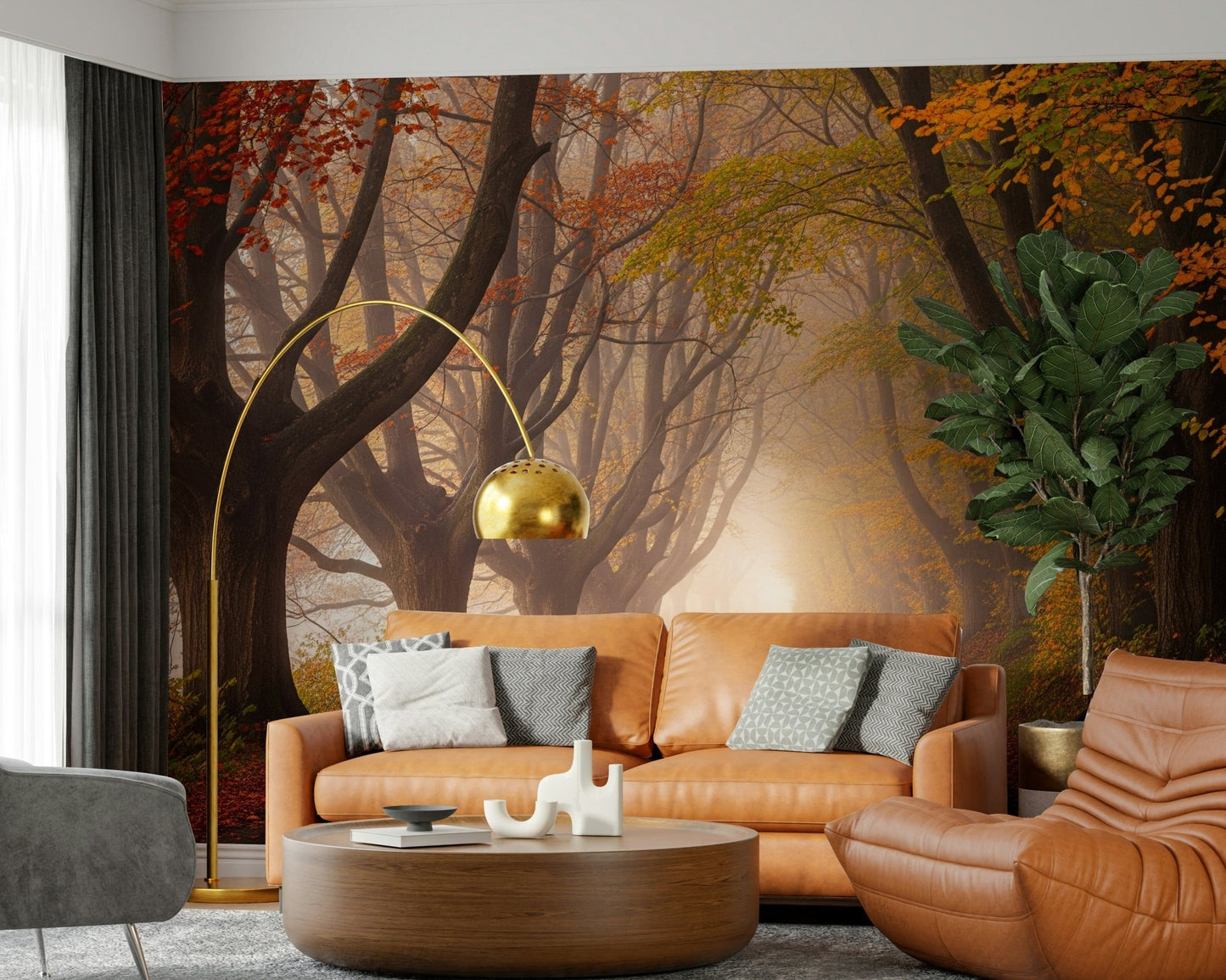 Nature inspired wall mural depicting a quiet road through autumn woods.