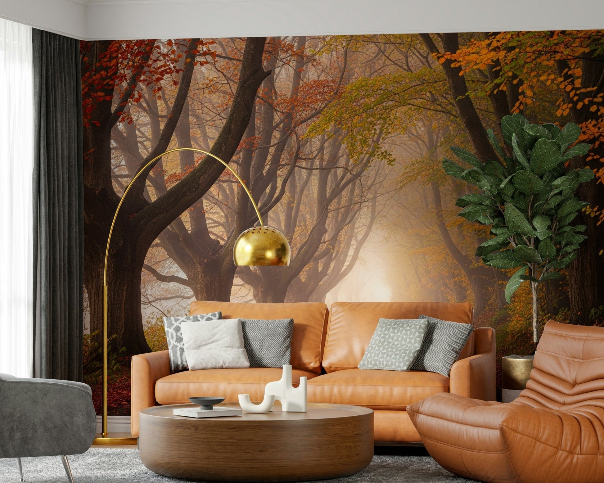 Nature inspired wall mural depicting a quiet road through autumn woods.