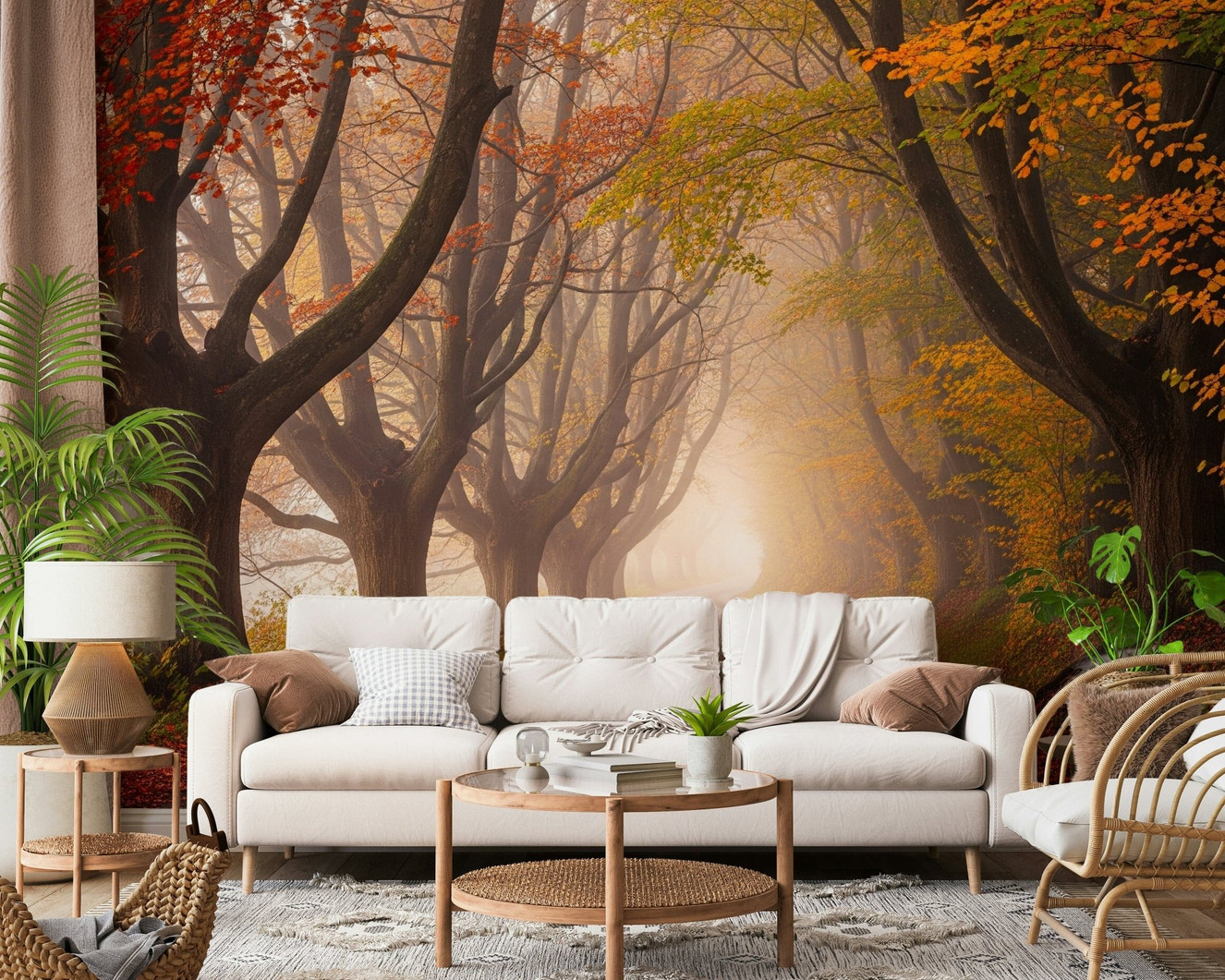 Seasonal landscape wallpaper featuring a peaceful road and bright trees.