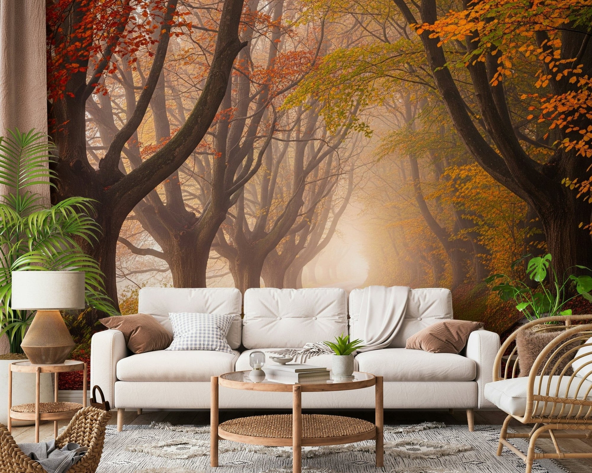 Seasonal landscape wallpaper featuring a peaceful road and bright trees., GD7679