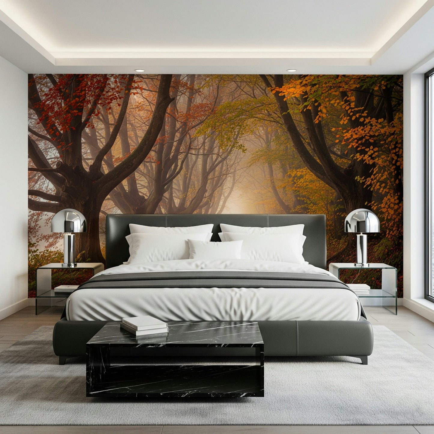 Autumnal road serenity wallpaper showing a scenic seasonal landscape.