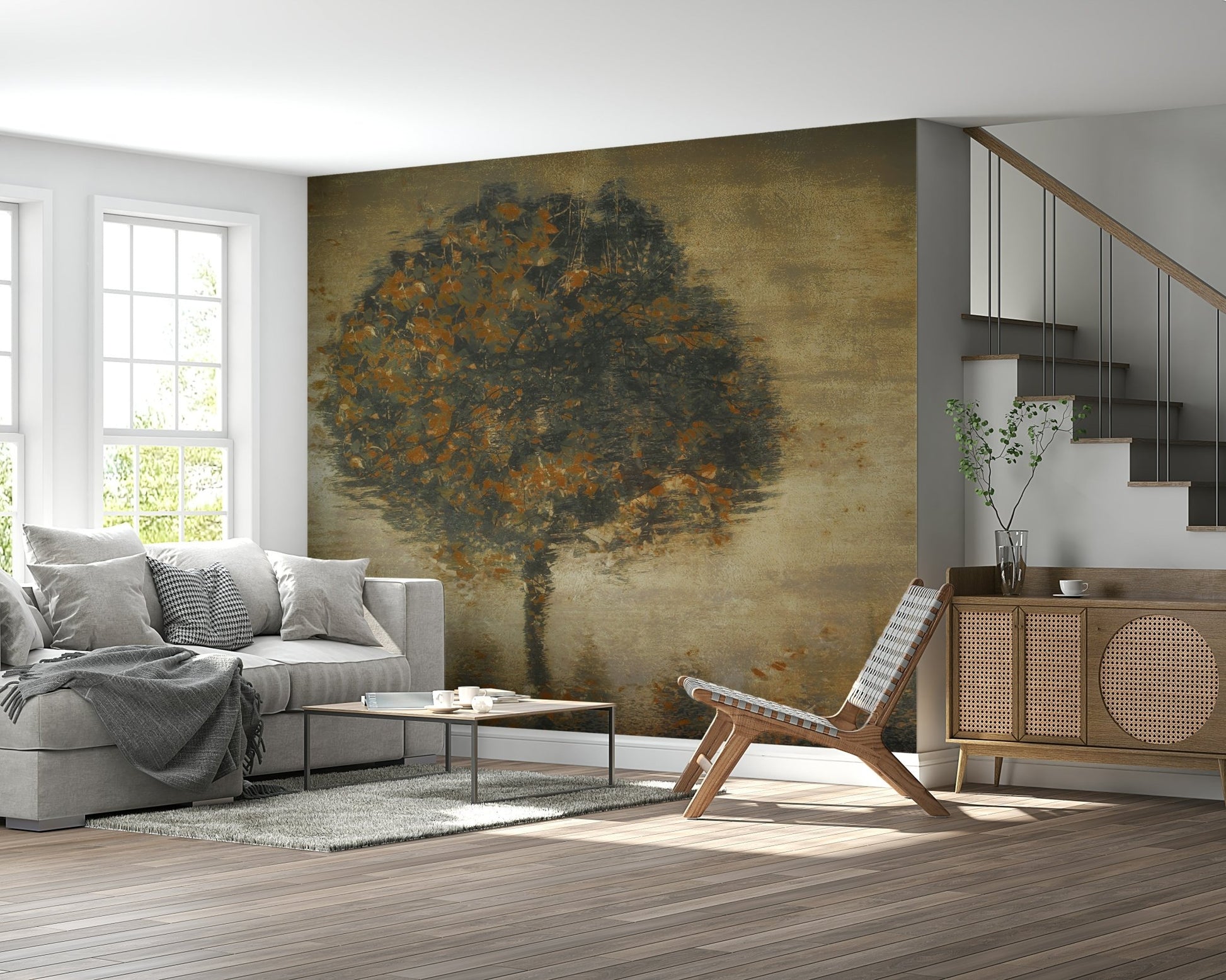 A graceful subtle leaf wall mural in warm, natural tones.