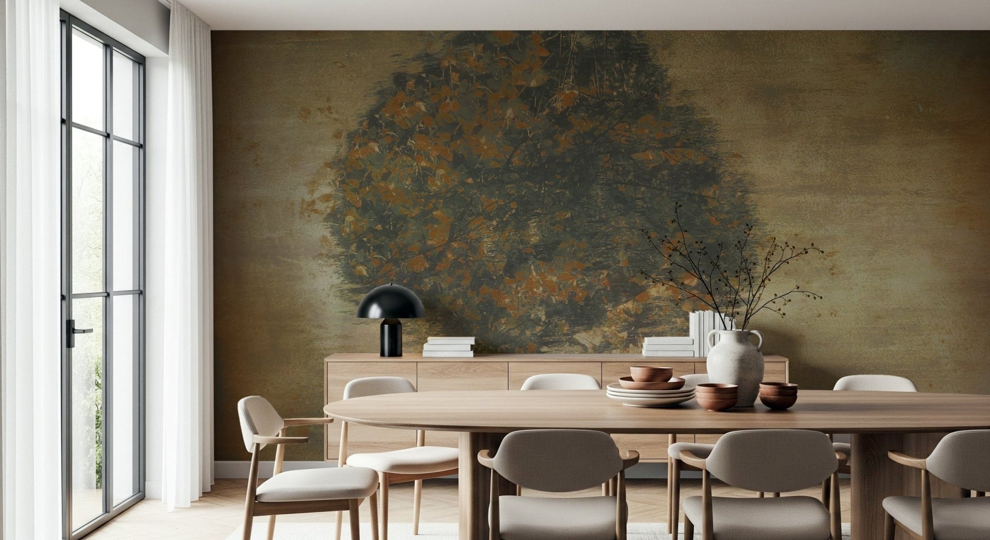 A peaceful woodland vista mural on decorative wallpaper.