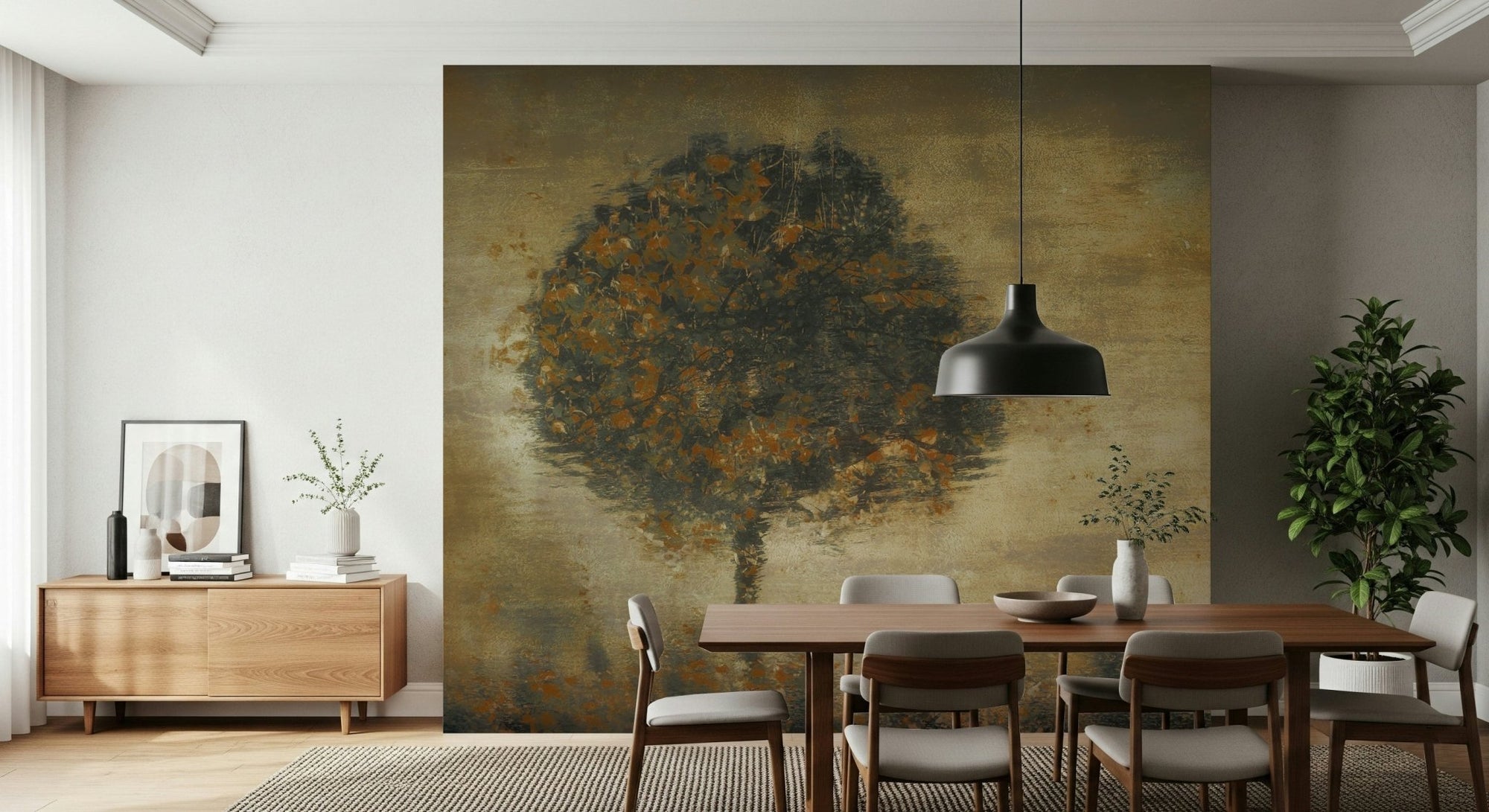 A beautiful autumnal solitude wallpaper mural with soft, misty forest trees., GD5636