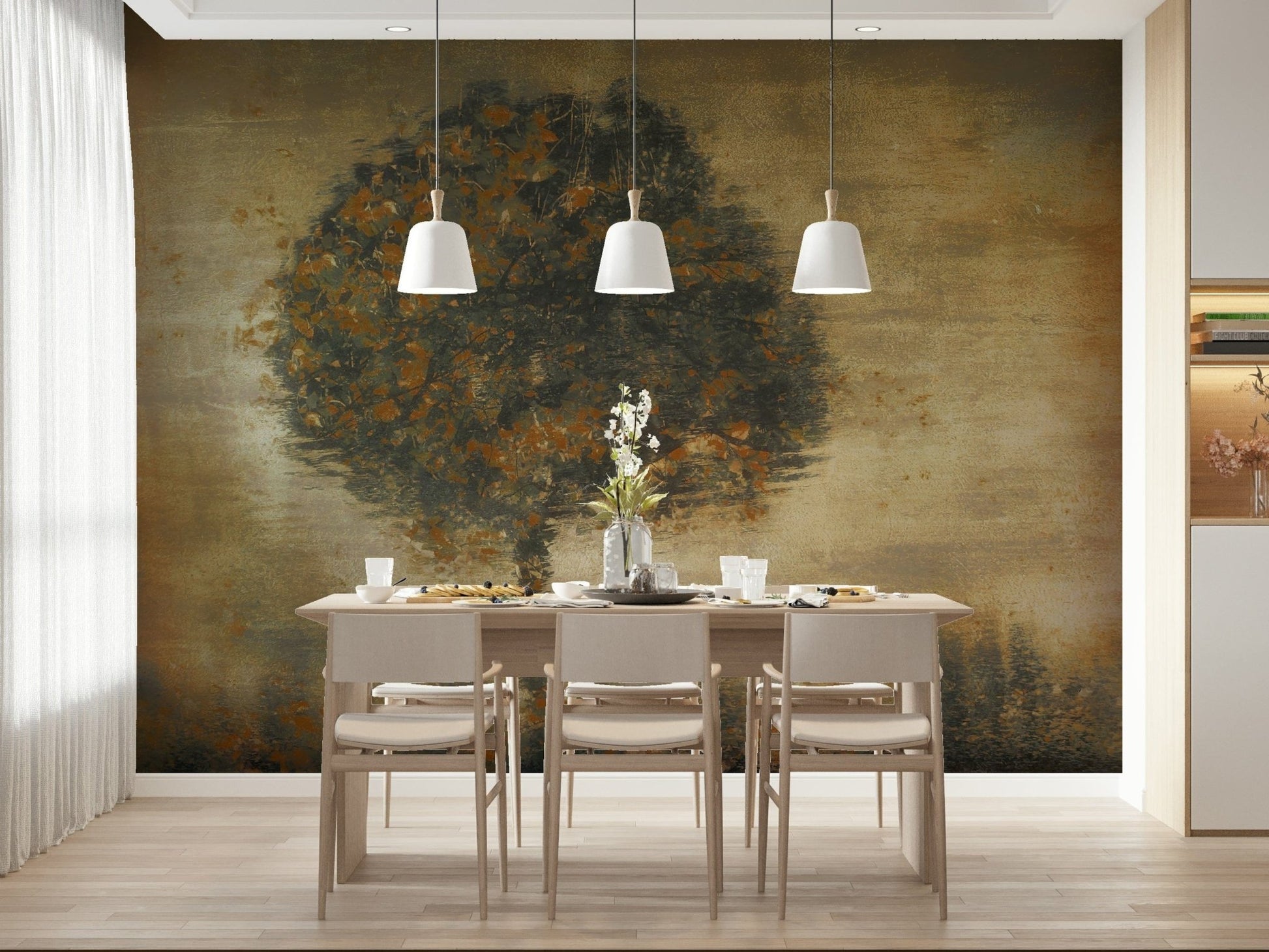 A calming serene forest wallpaper mural that defines a space.