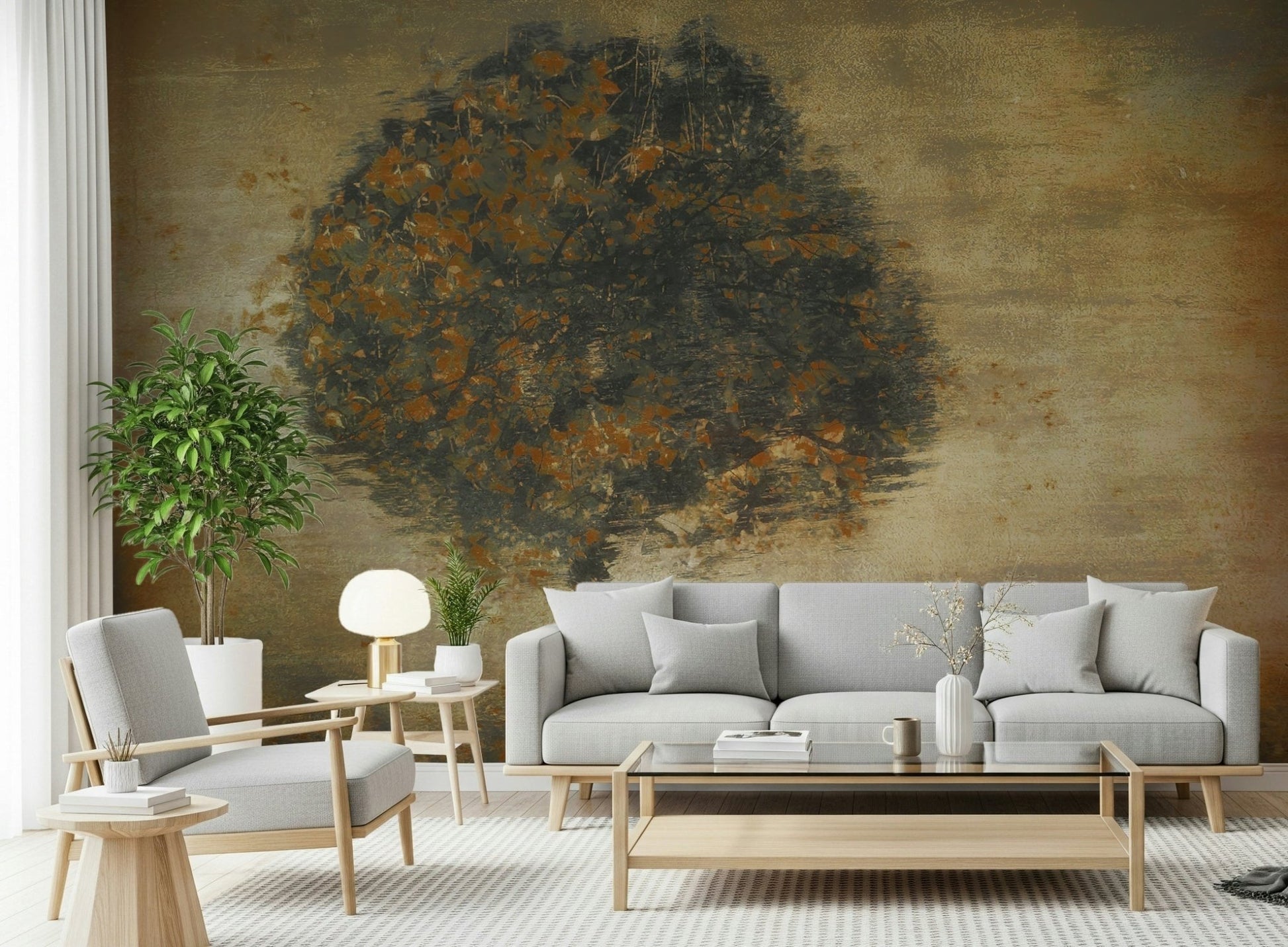 A serene fall forest wall mural for cozy decor.