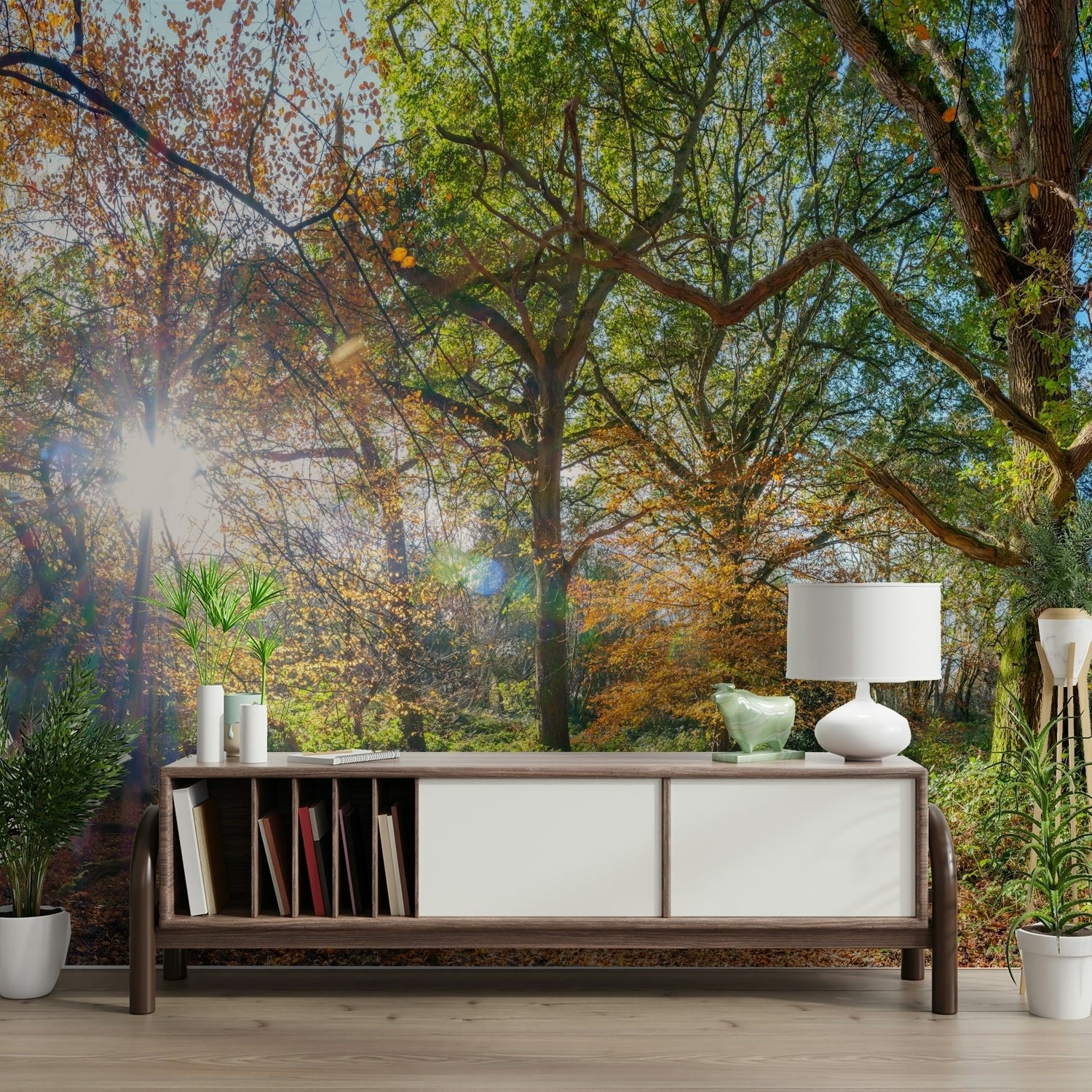 Fall forest mural with glowing light

