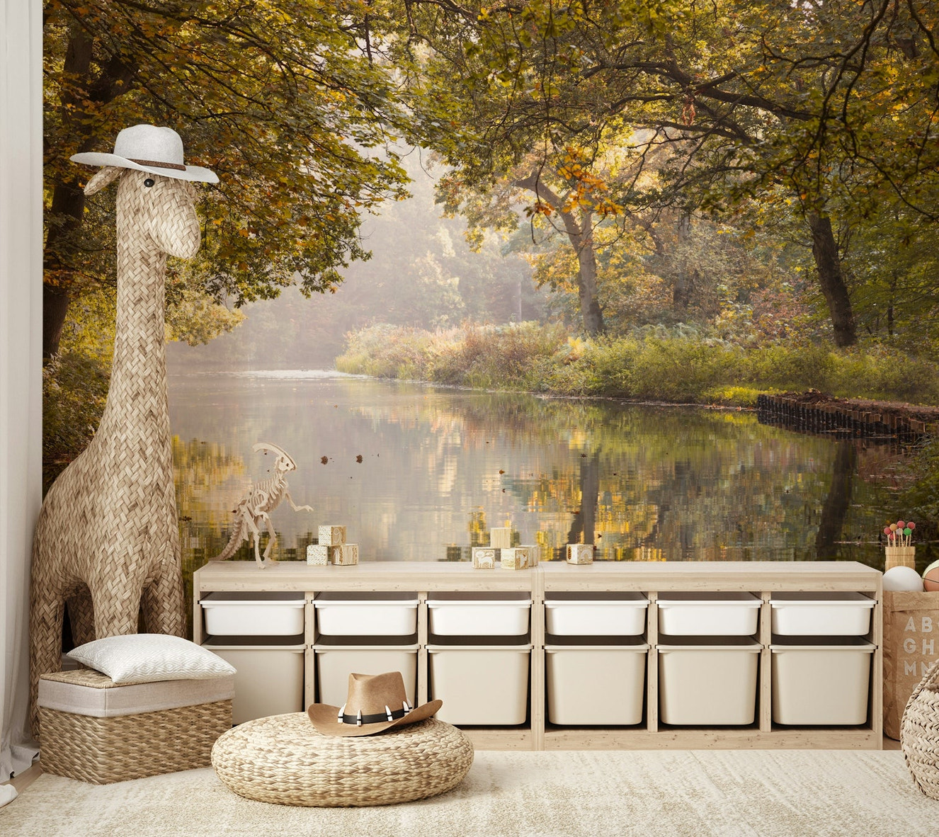 A peaceful wall mural with an autumnal water scene.

