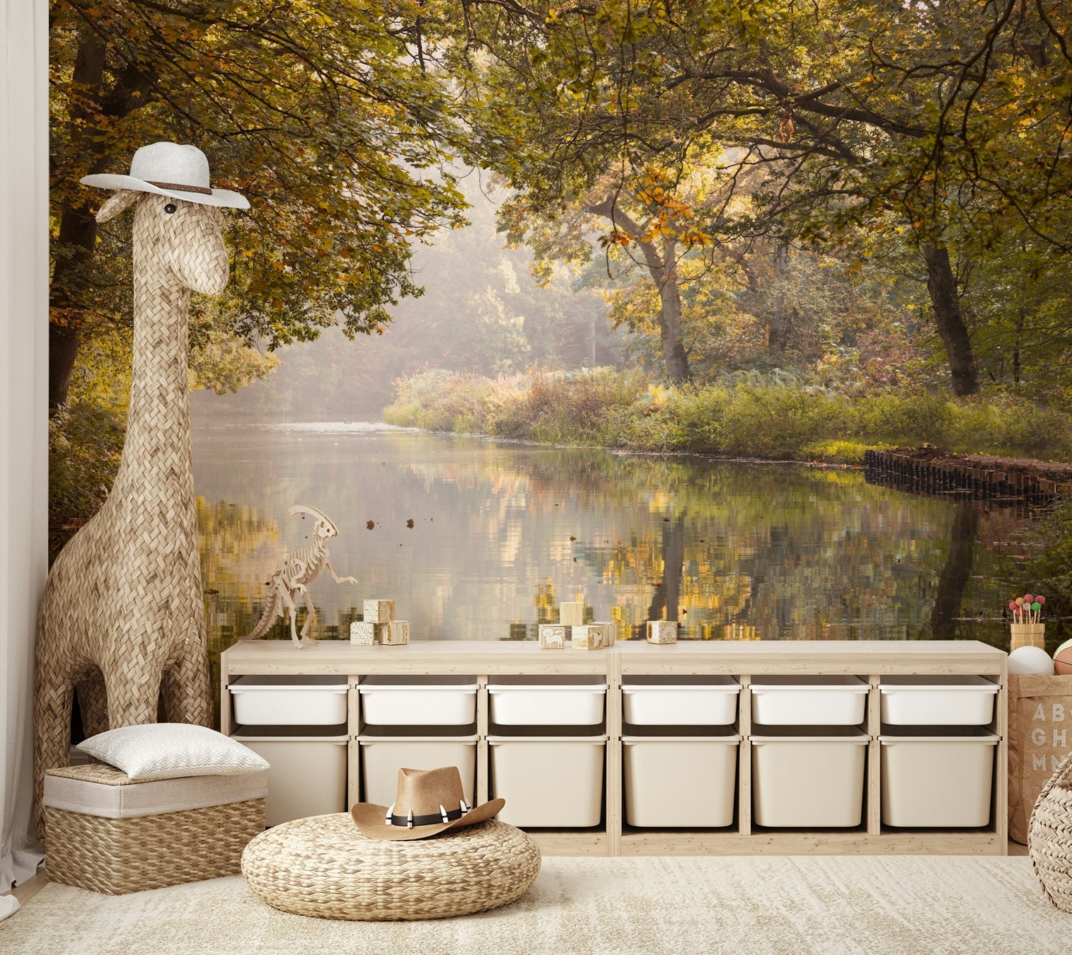 A peaceful wall mural with an autumnal water scene.

