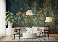 A peaceful woodland vista mural on decorative wallpaper.