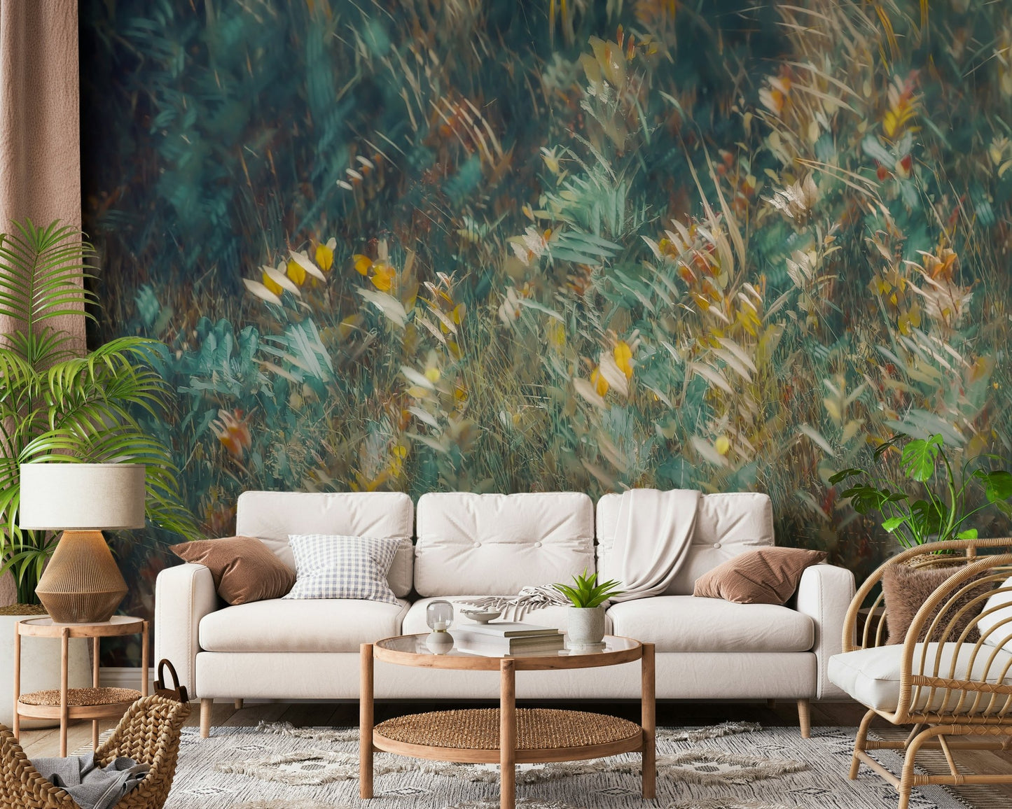 An artistic soft focus leaf mural on scenic wallpaper.