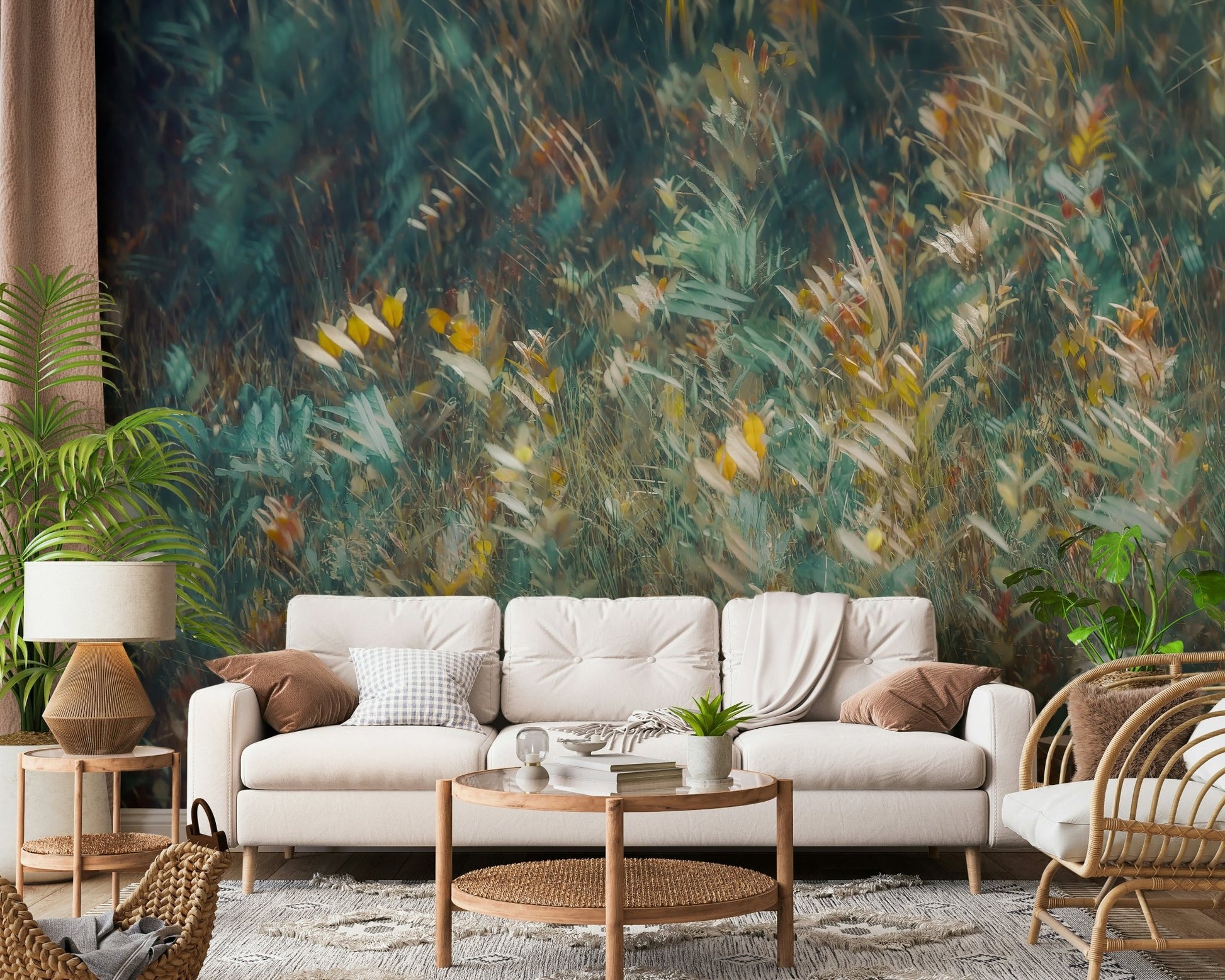 An artistic soft focus leaf mural on scenic wallpaper.