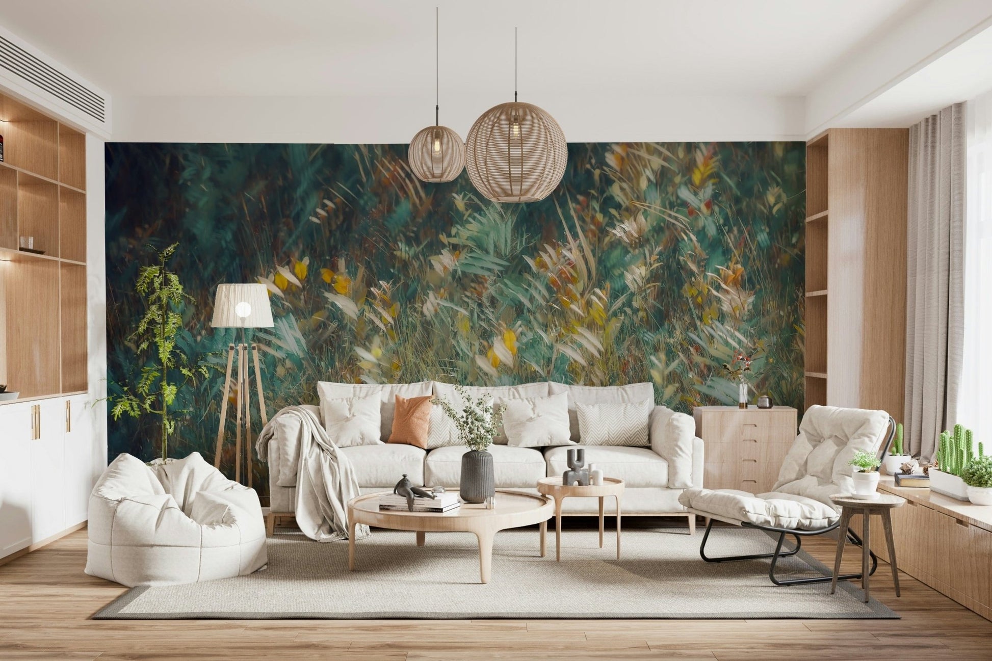 A calming serene forest wallpaper mural that defines a space.