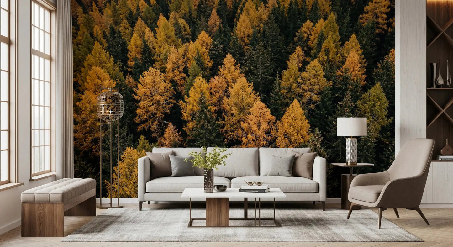 Living room setup with Autumnal Woods Symphony wall mural autumn forest, GD9251