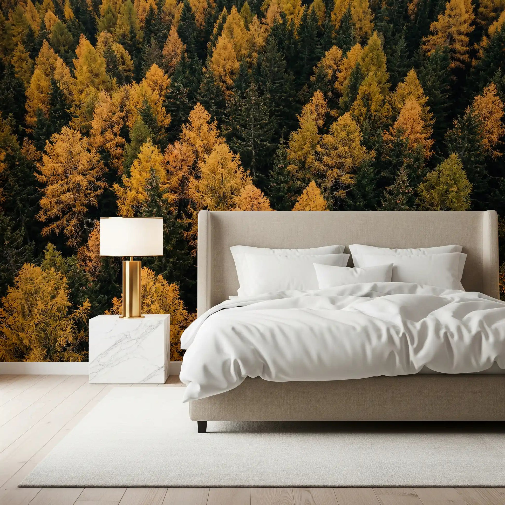 Bedroom wall featuring Autumnal Woods Symphony wall mural fall trees, GD9251
