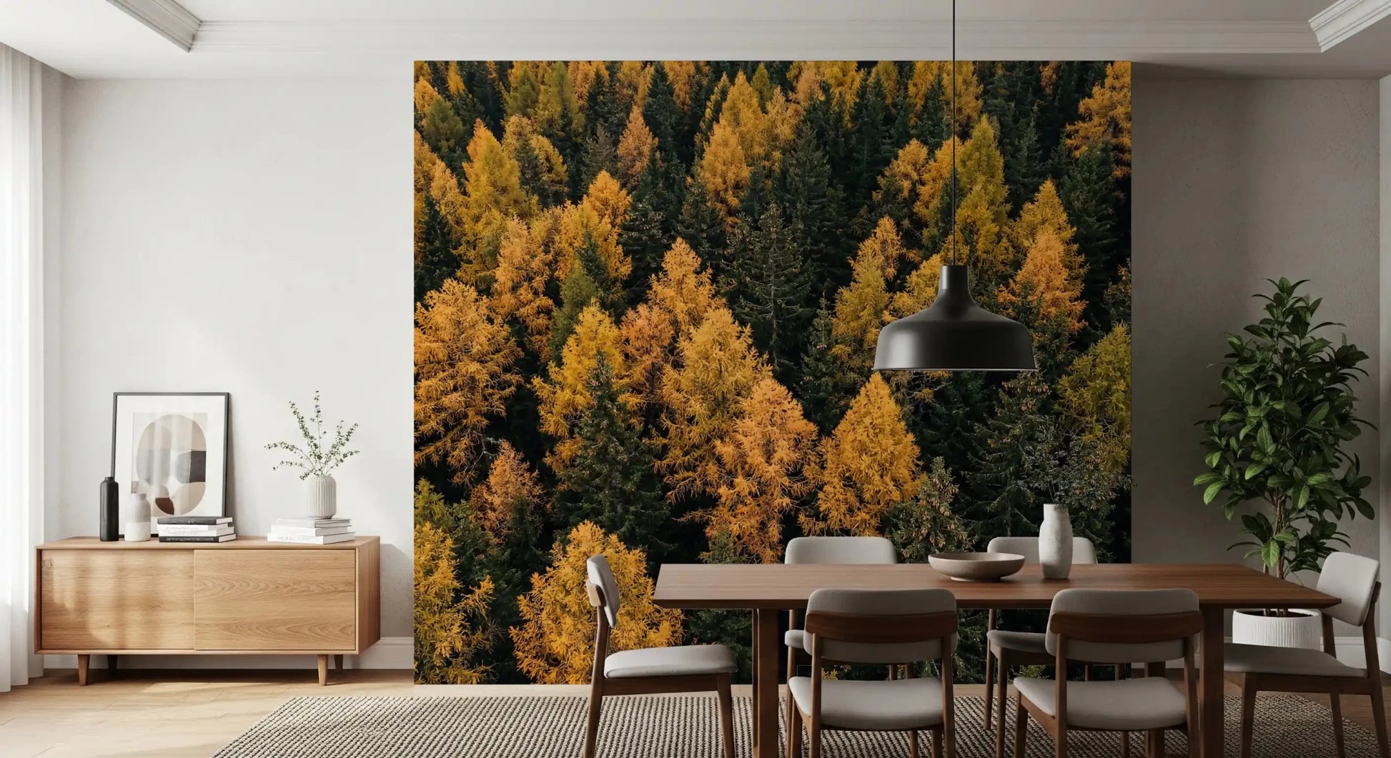 Autumnal Woods Symphony wall mural featuring mixed green and yellow trees, GD9251