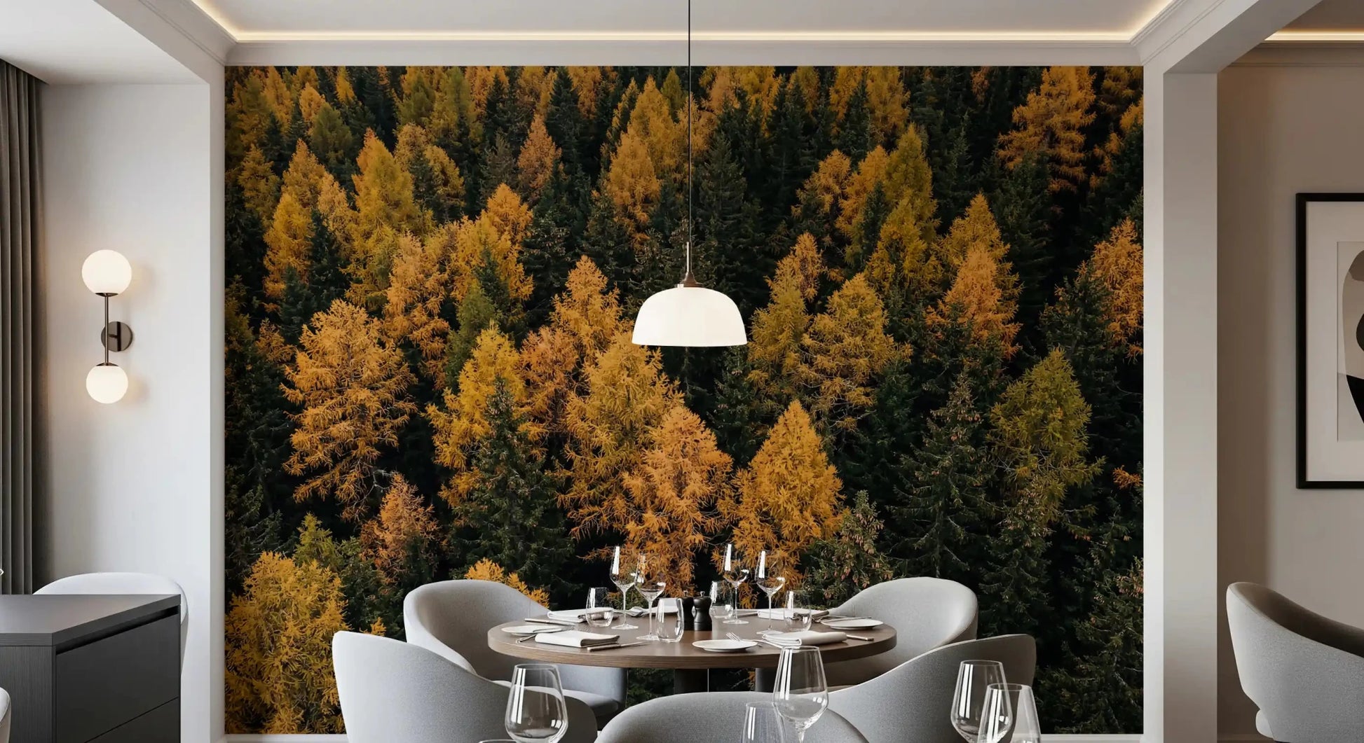 Dining room styled with Autumnal Woods Symphony wall mural forest scene, GD9251