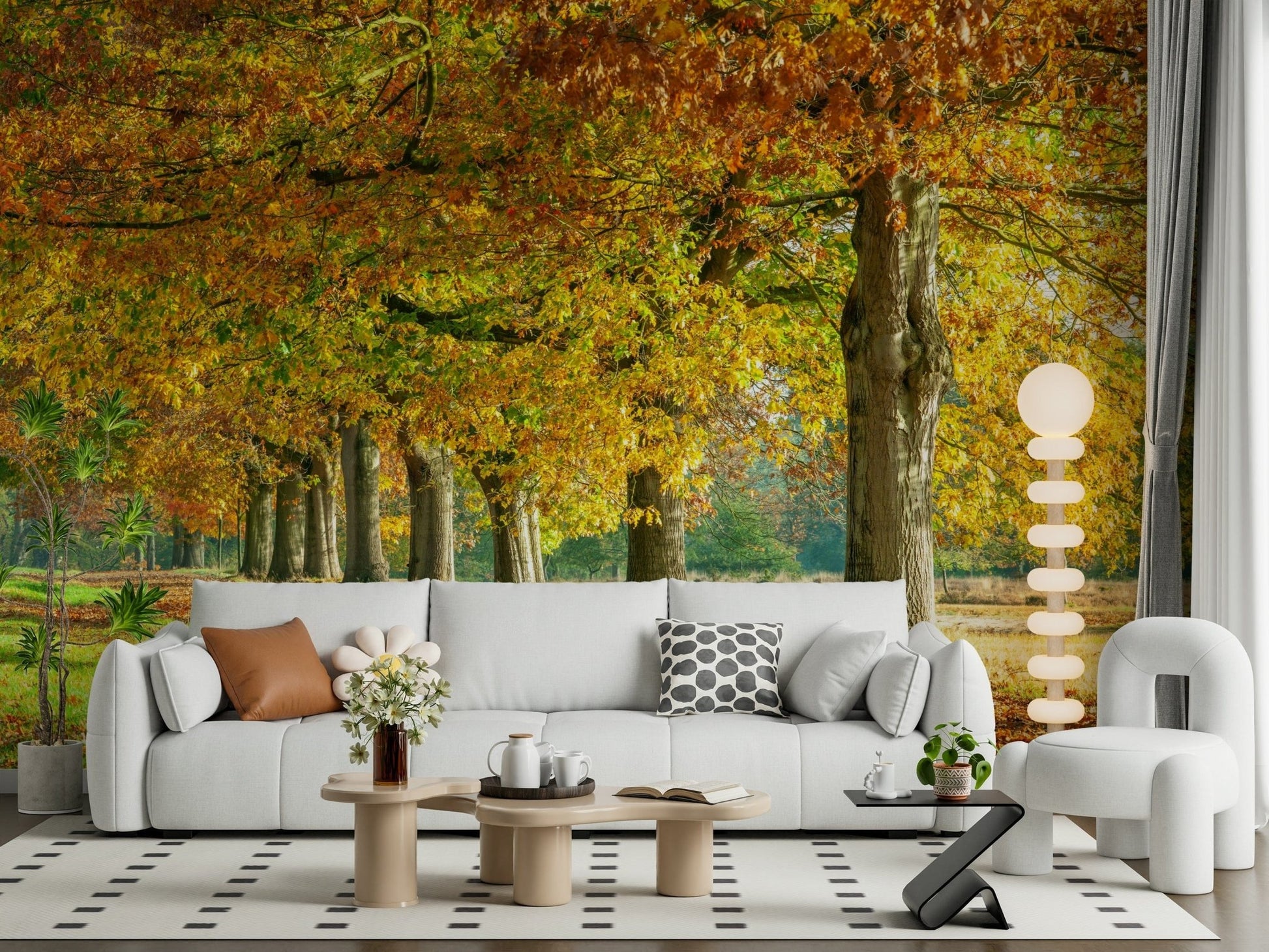 Contemporary library wall featuring a scenic outdoor avenue design in rich seasonal colours.