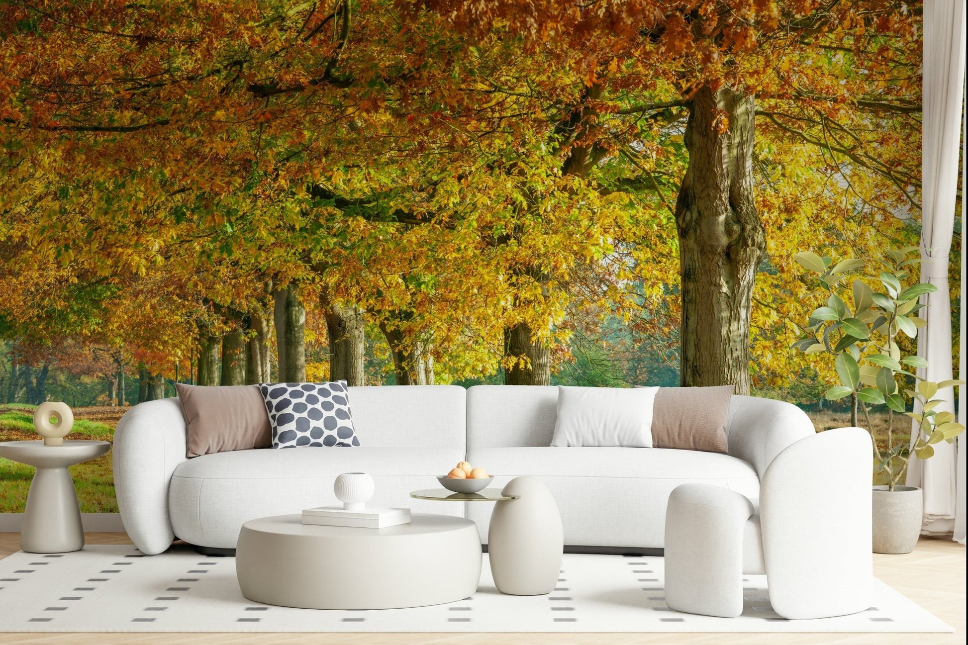 Nature style wall covering for a guest room with neutral accents and wooden flooring.