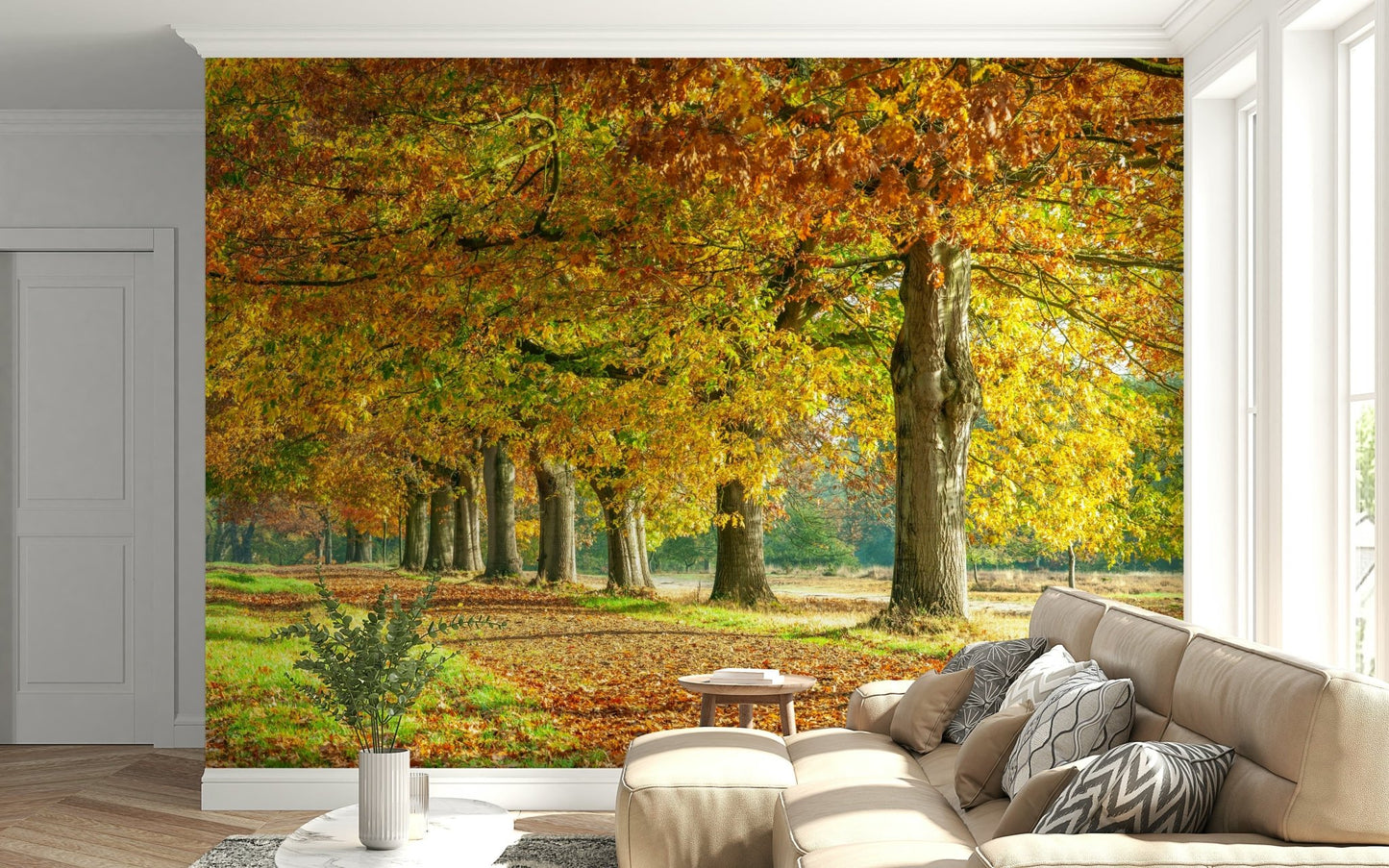 Autumn's Avenues Wall Mural in a creative workspace with professional desk lighting.