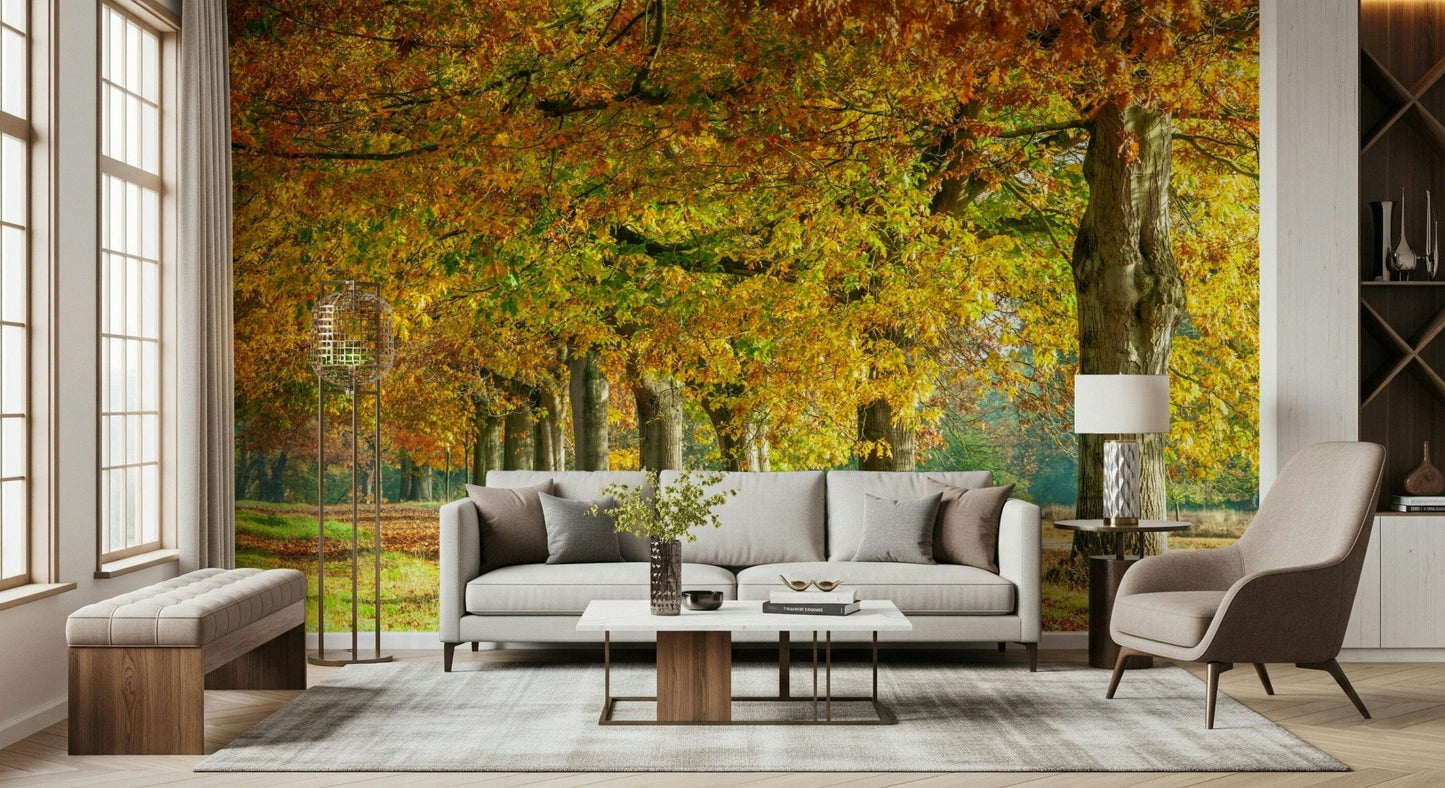 Warm seasonal landscape wallpaper for a master bedroom with dark wood furniture and linens.