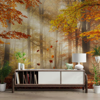Autumn's Embrace Wall Mural in a bright home office with natural light wallpaper.