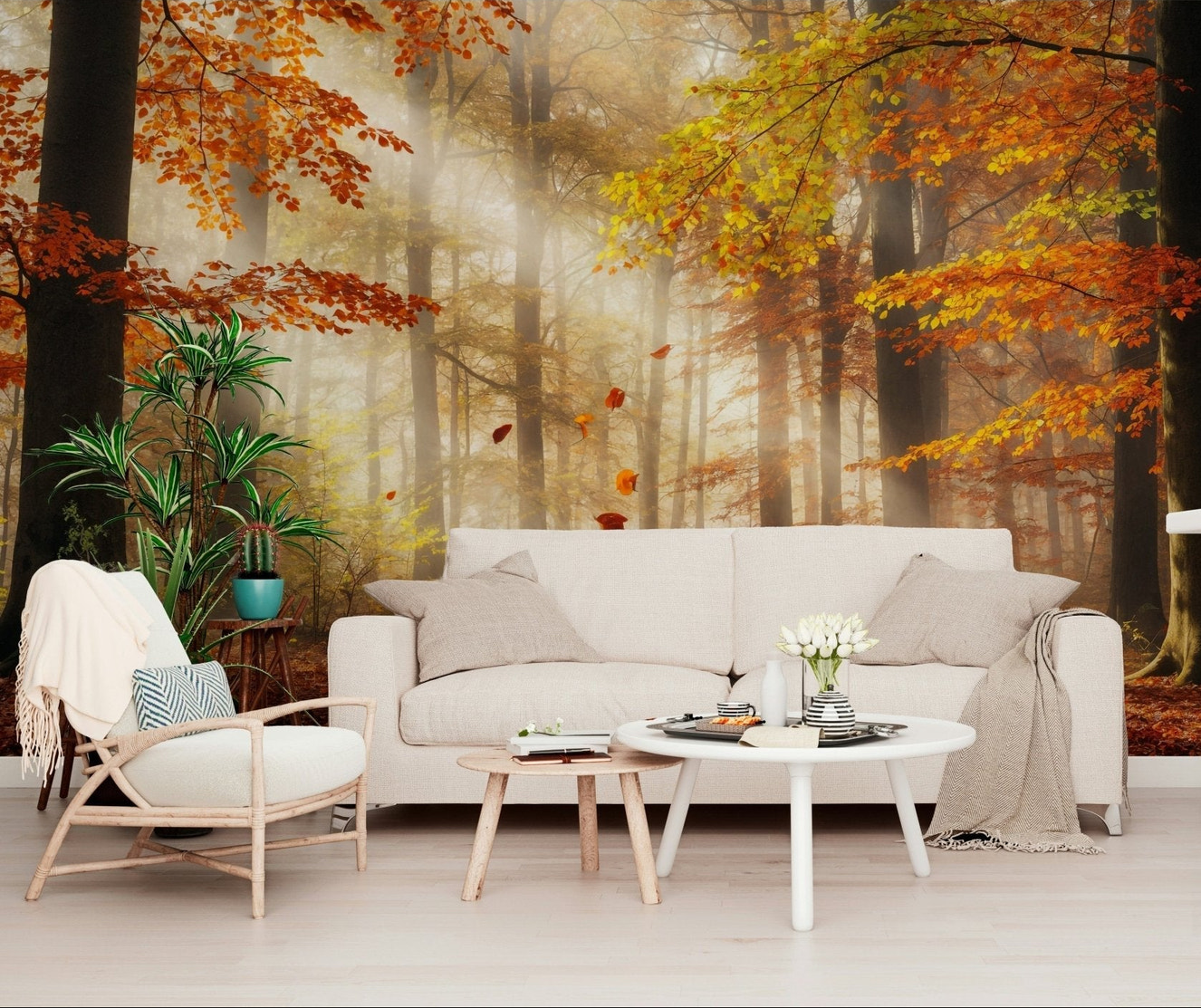Detailed autumn foliage on a textured wall mural for a study wallpaper.