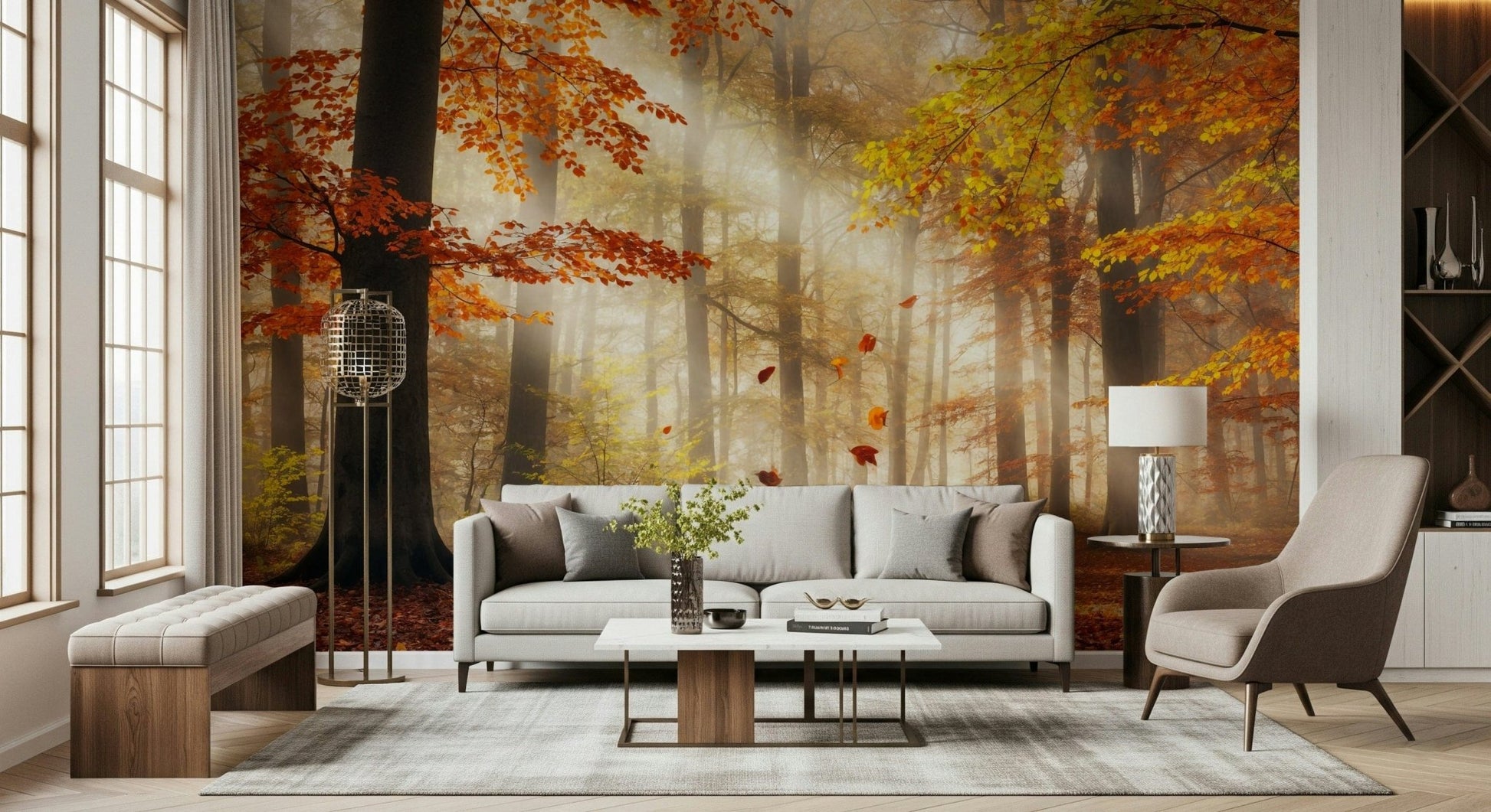 Nature inspired wallpaper featuring a misty forest for a suite wall mural.