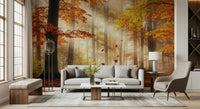 Nature inspired wallpaper featuring a misty forest for a suite wall mural.
