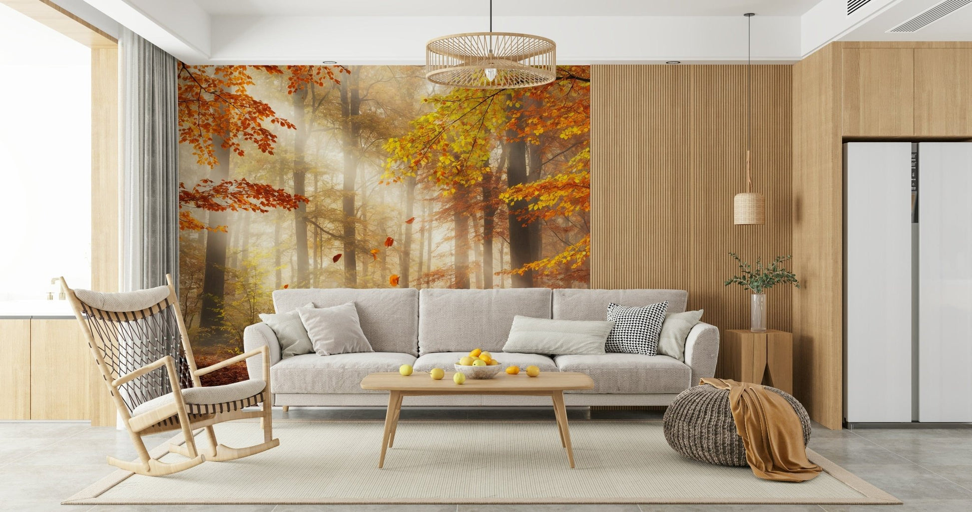 Autumn's Embrace Wall Mural behind a wooden dining table wallpaper.