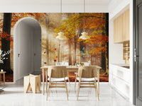 Autumn's Embrace Wall Mural in a reading nook with soft floor lighting wallpaper.