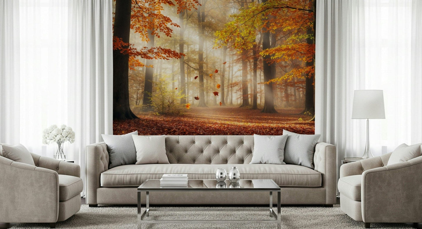 Autumn's Embrace Wall Mural used as a focal point in a hallway wallpaper.