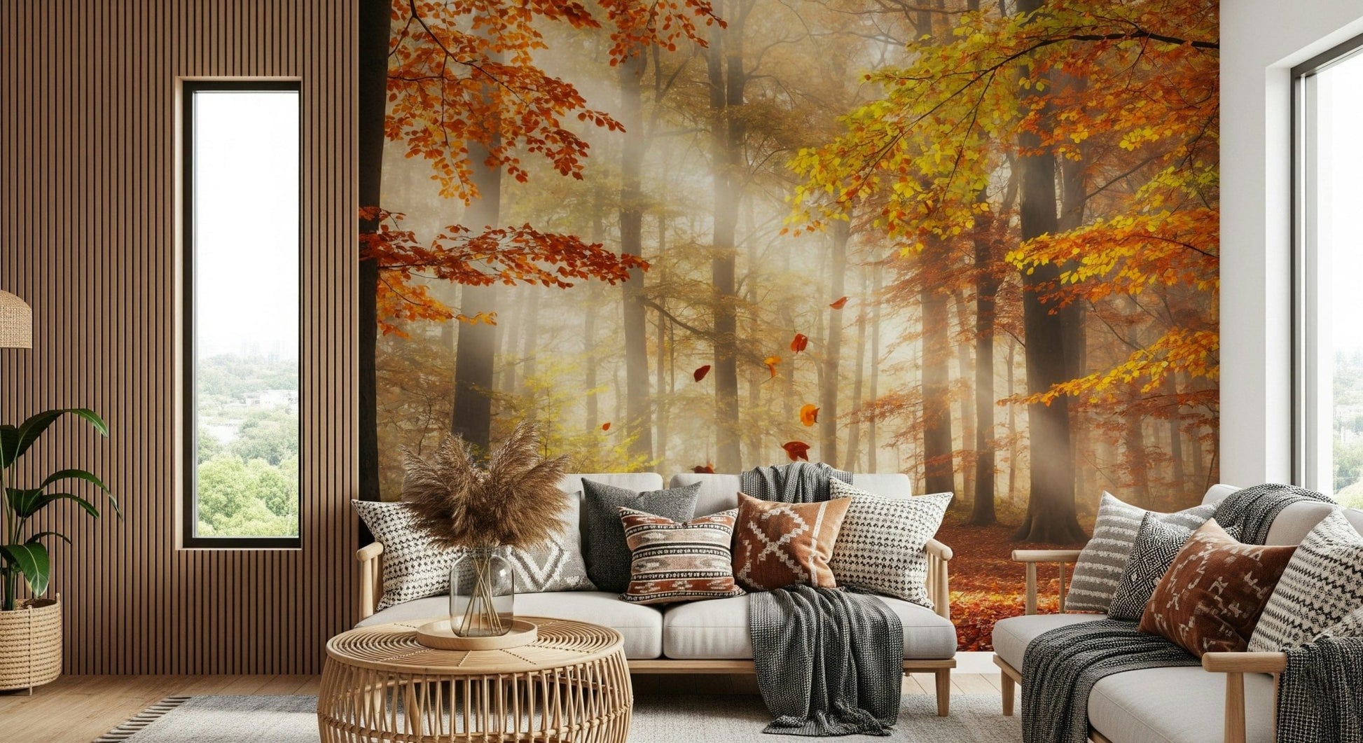 Scenic woodland wallpaper with red and gold tones for a guest room wall mural.