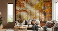 Scenic woodland wallpaper with red and gold tones for a guest room wall mural.