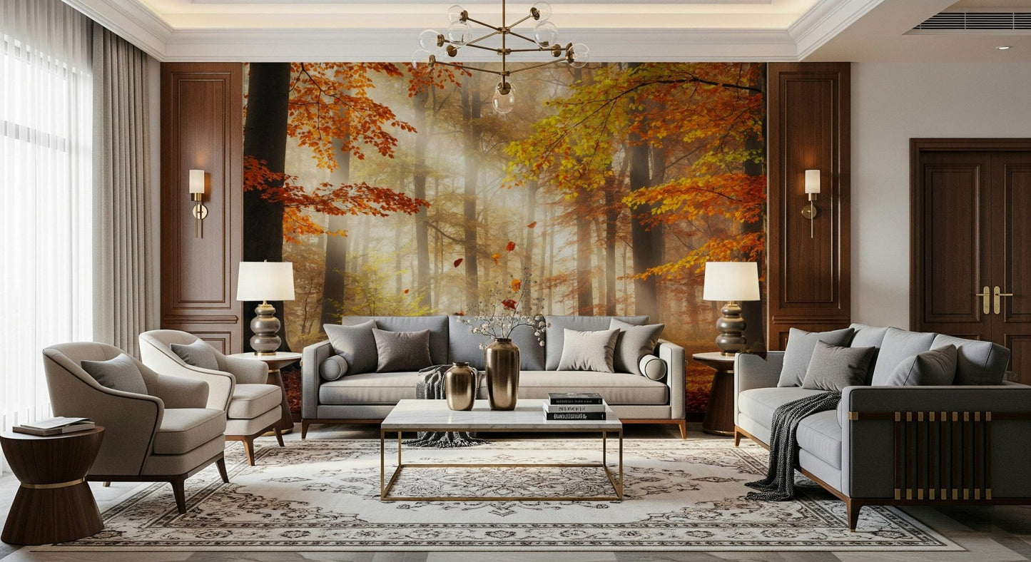 Golden forest landscape wallpaper with falling leaves for a bedroom wall mural.