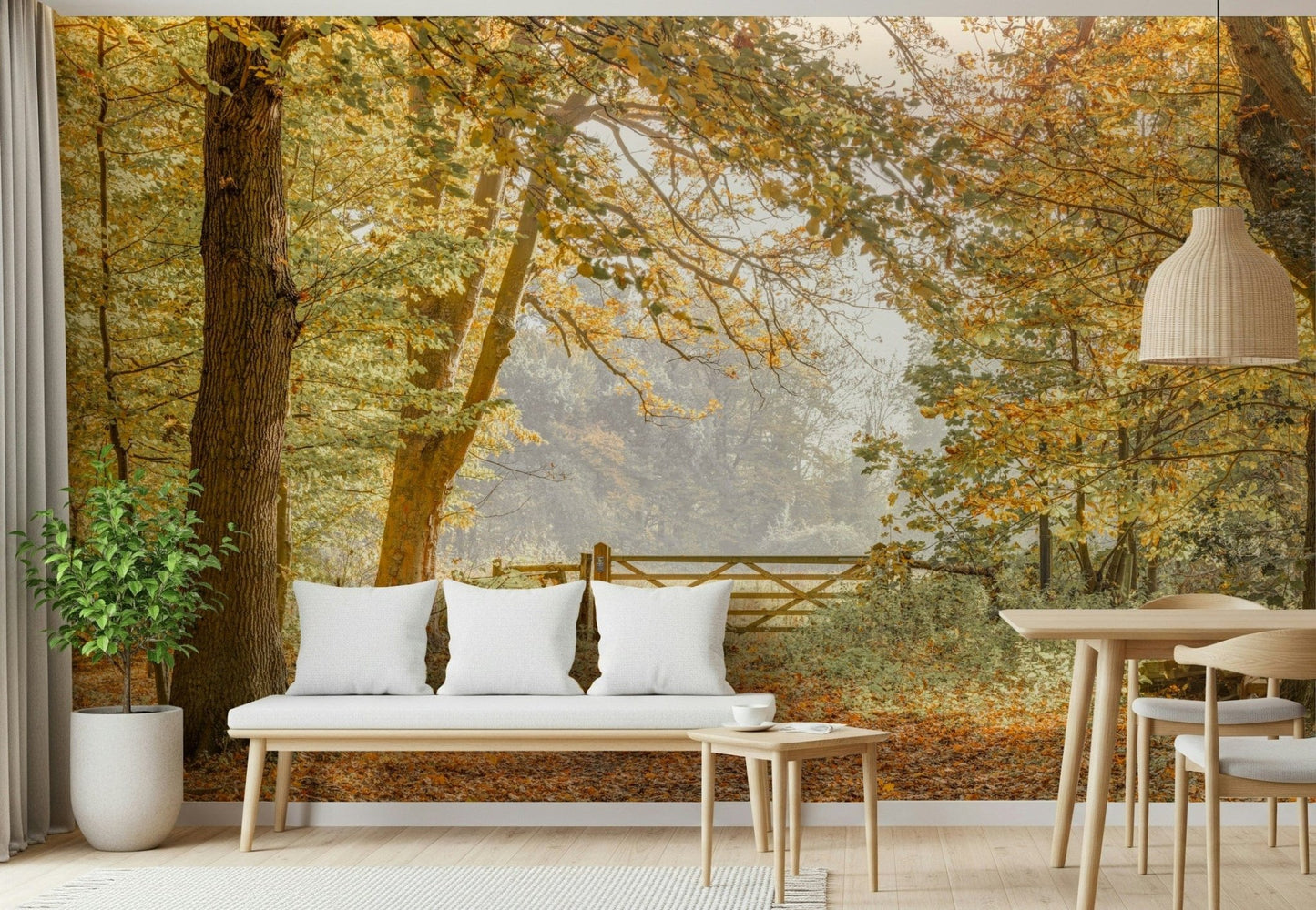 Realistic Autumn's Gateway Wall Mural as a focal point in a high ceiling hallway.