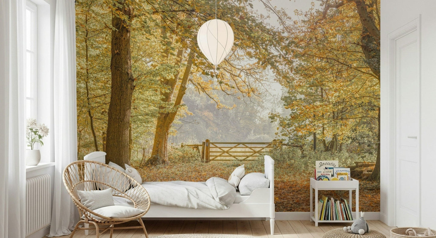 Nature inspired wall mural depicting a peaceful autumn trail in a home office.
