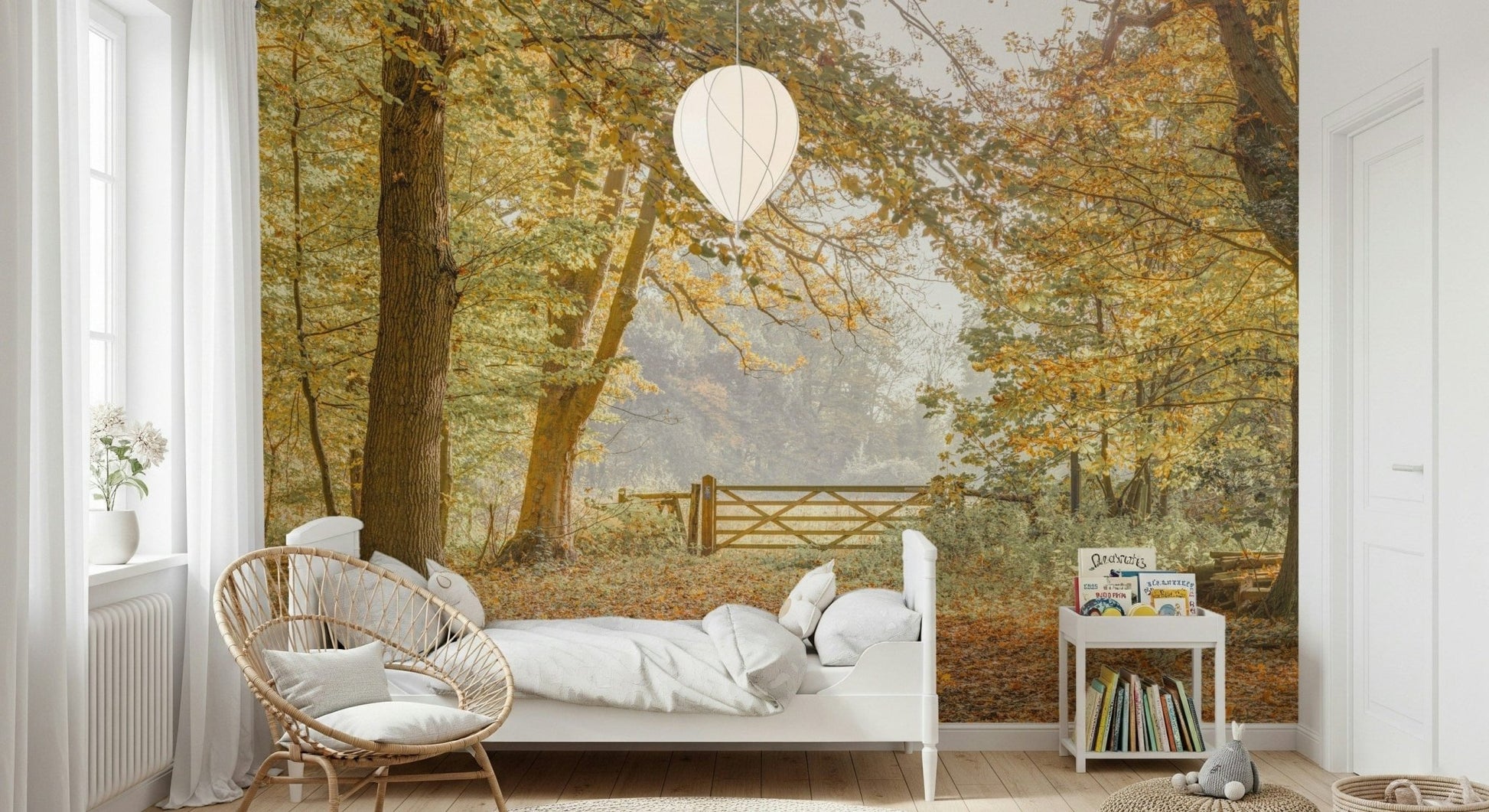 Nature inspired wall mural depicting a peaceful autumn trail in a home office.