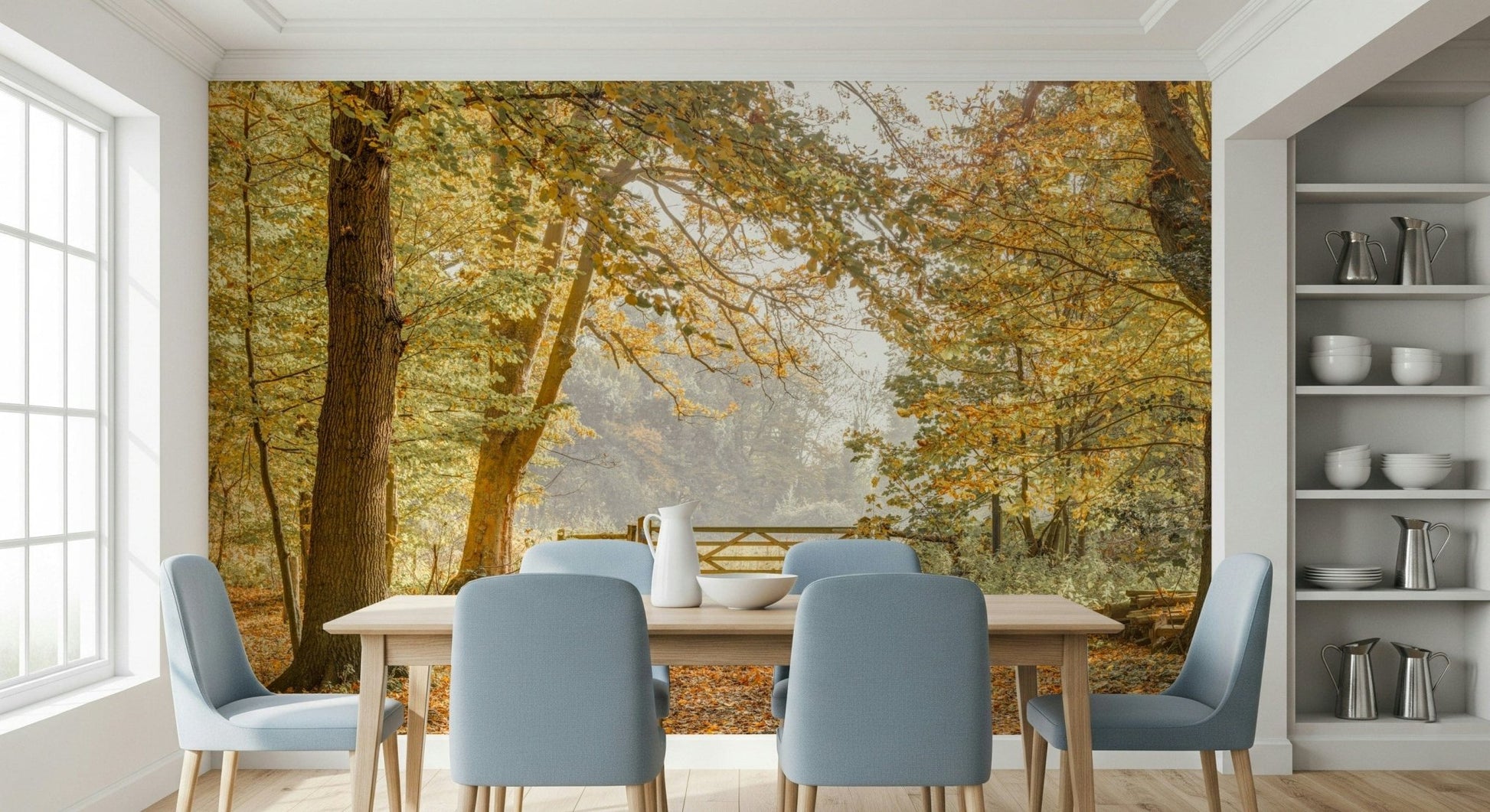 Earthy toned forest wallpaper behind a wooden sofa in a minimalist living area.