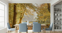 Earthy toned forest wallpaper behind a wooden sofa in a minimalist living area.
