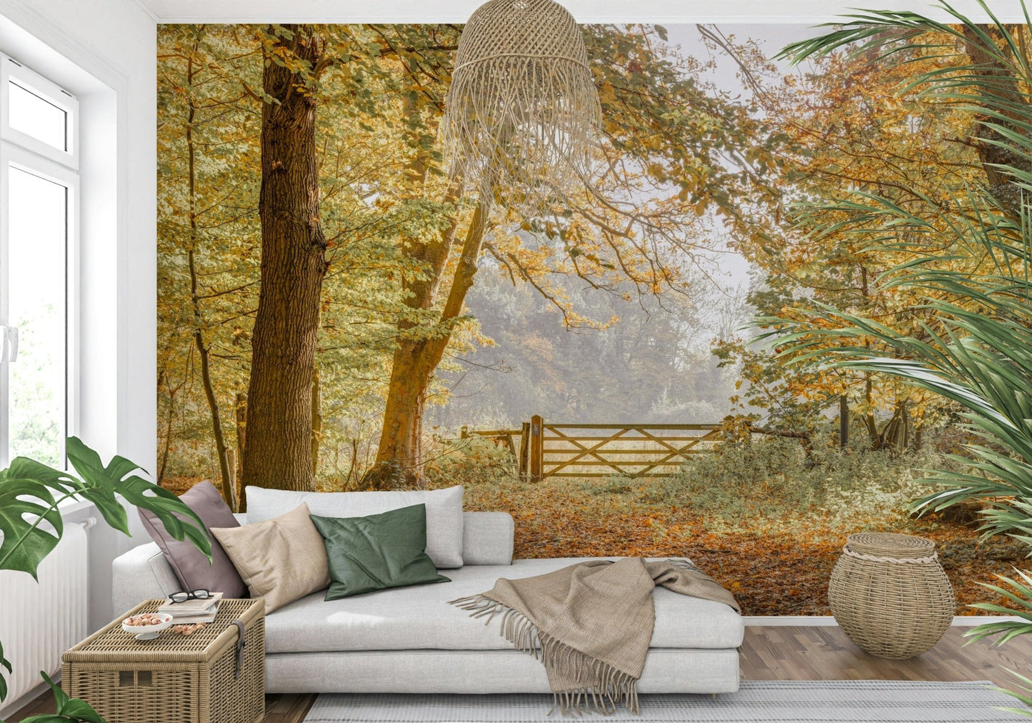 Artistic woodland wall mural creating depth in a small apartment lounge.