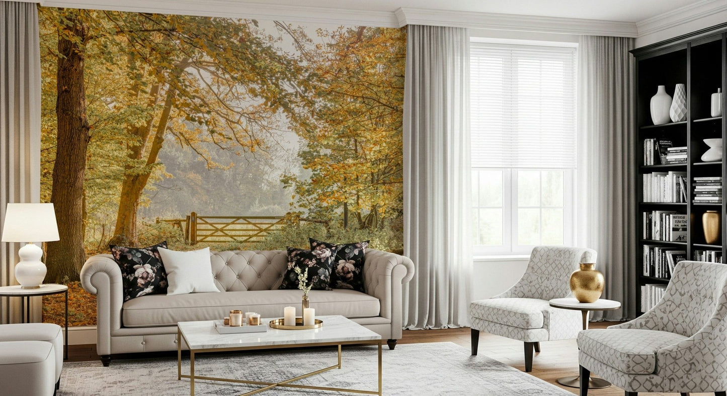 Serene path through golden trees on a durable wall mural for a feature wall.