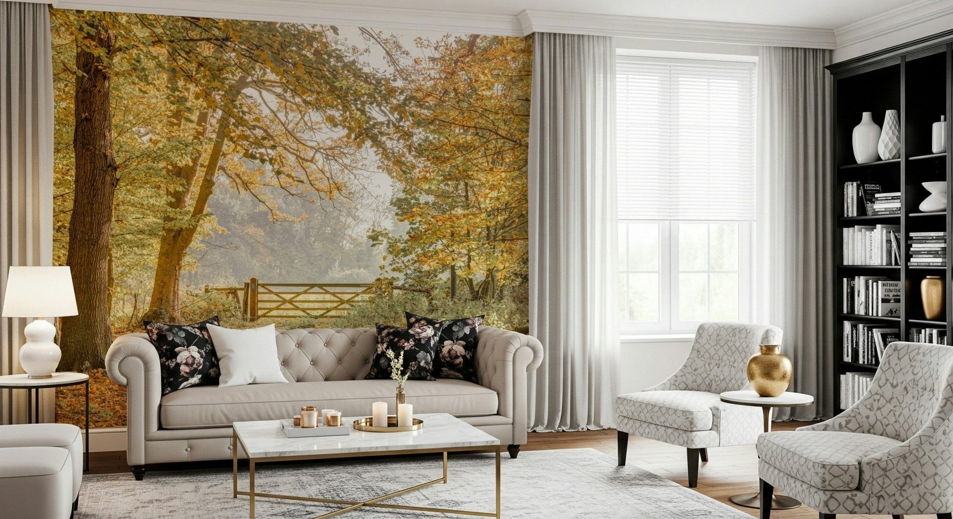 Serene path through golden trees on a durable wall mural for a feature wall.