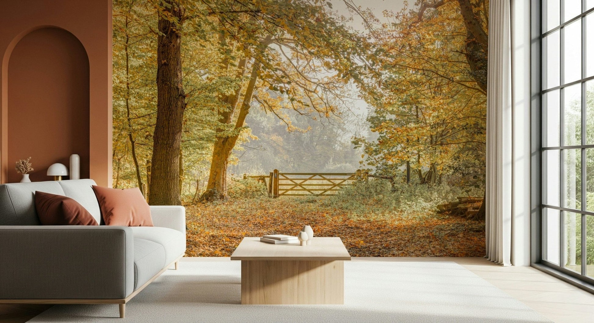 Large scale forest wallpaper with falling leaves for a contemporary dining area.
