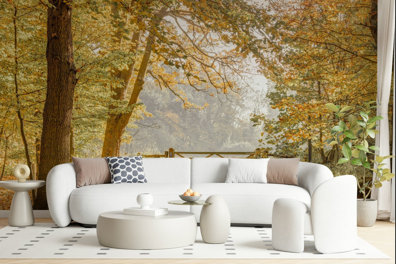 Scenic woodland wallpaper with orange maple trees for a warm bedroom feature wall.