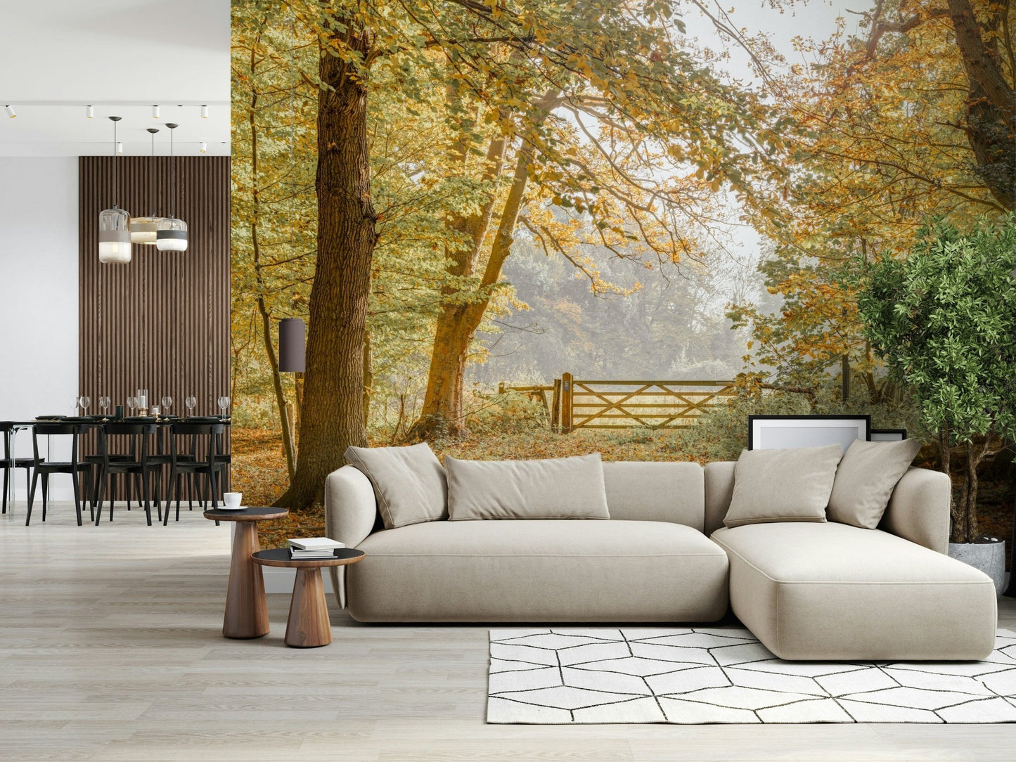 Vibrant orange and yellow tree wallpaper for a seasonal home decor update.