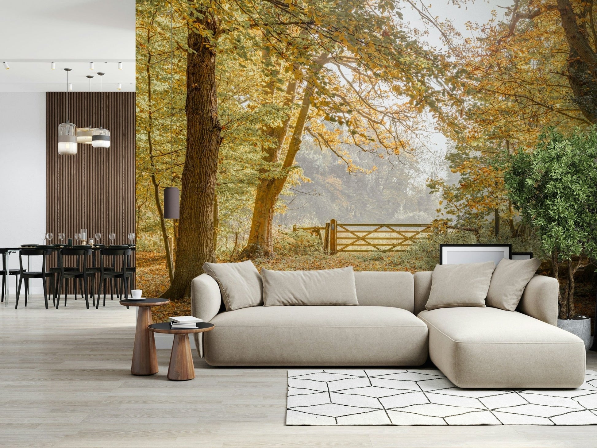 Vibrant orange and yellow tree wallpaper for a seasonal home decor update.