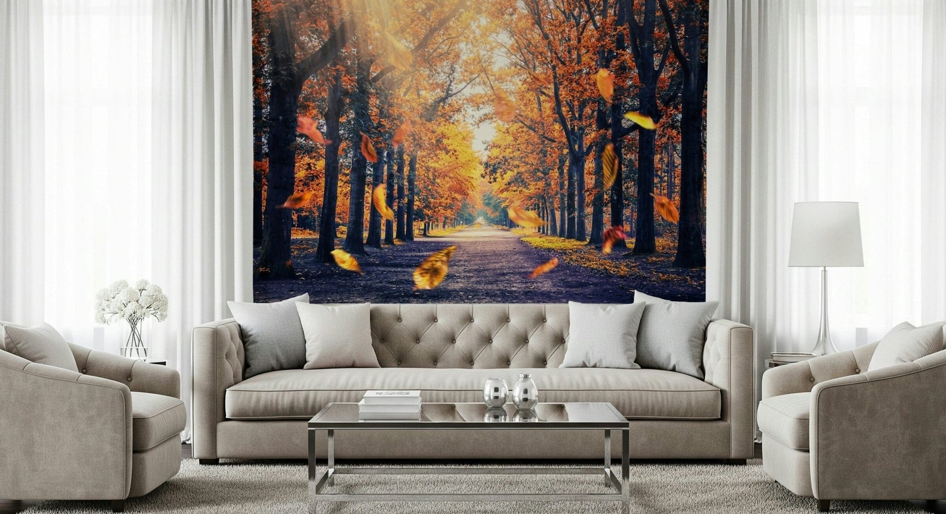 Autumn's Golden Path Wall Mural adds a radiant tree-lined pathway to this sofa setting