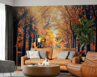 A warm living room feels more inviting with Autumn's Golden Path Wall Mural in view