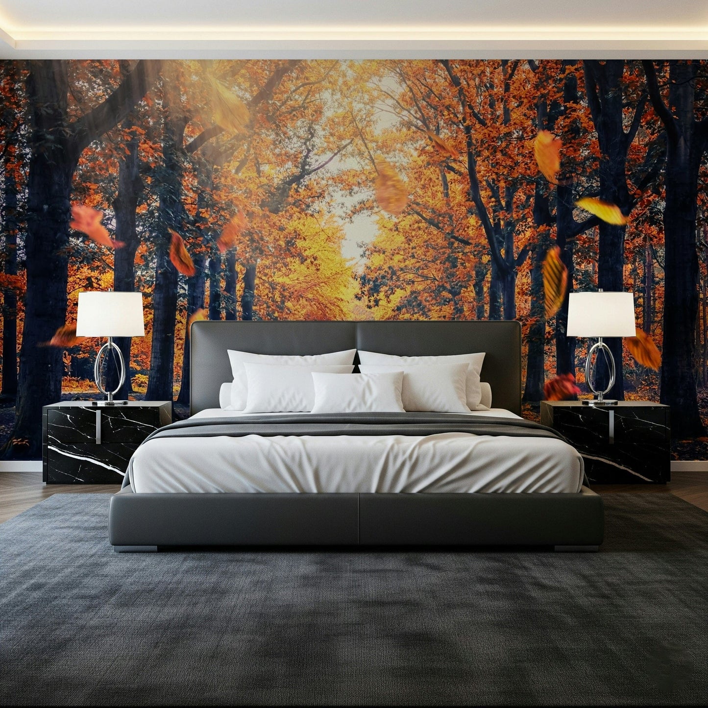 Behind the bed, Autumn's Golden Path Wall Mural creates a luminous autumn woodland scene